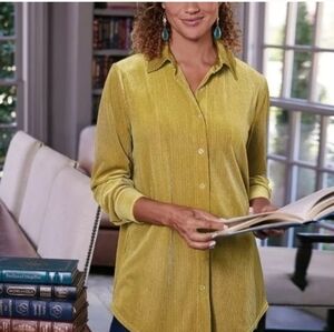Soft Surroundings Textured Velvet Boyfriend Shirt Amber Green Size 3X NWT!